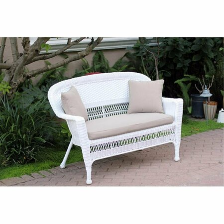 JECO White Wicker Patio Love Seat With Tan Cushion And Pillows W00206-L-FS006-CL